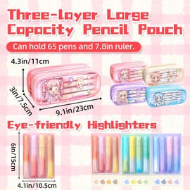 MILLEVIBE ITA Pencil Pouch Kawaii Large Capacity Pen Case : Cute Aesthetic Pencil Box Stationery Supplies for Teen Girls, 4 Included Highlighters (Pink)