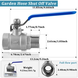 Garden Hose Shut Off Valve Full Flow Water Hose Shut Off Valve 3/4''GHT Female to Male Lead-free 304 Stainless Steel Garden Hose Ball Valve Long Handle No Restricted-Flow Water Shut Off Connector