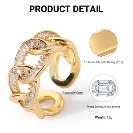 LIAN 14K Gold Plated Rings Cubic Zirconia Oval Square Chain Link Twisted Stackable Statement Love Ring Eternity Engagement Wedding Adjustable Open Ring for Women Gold Rings