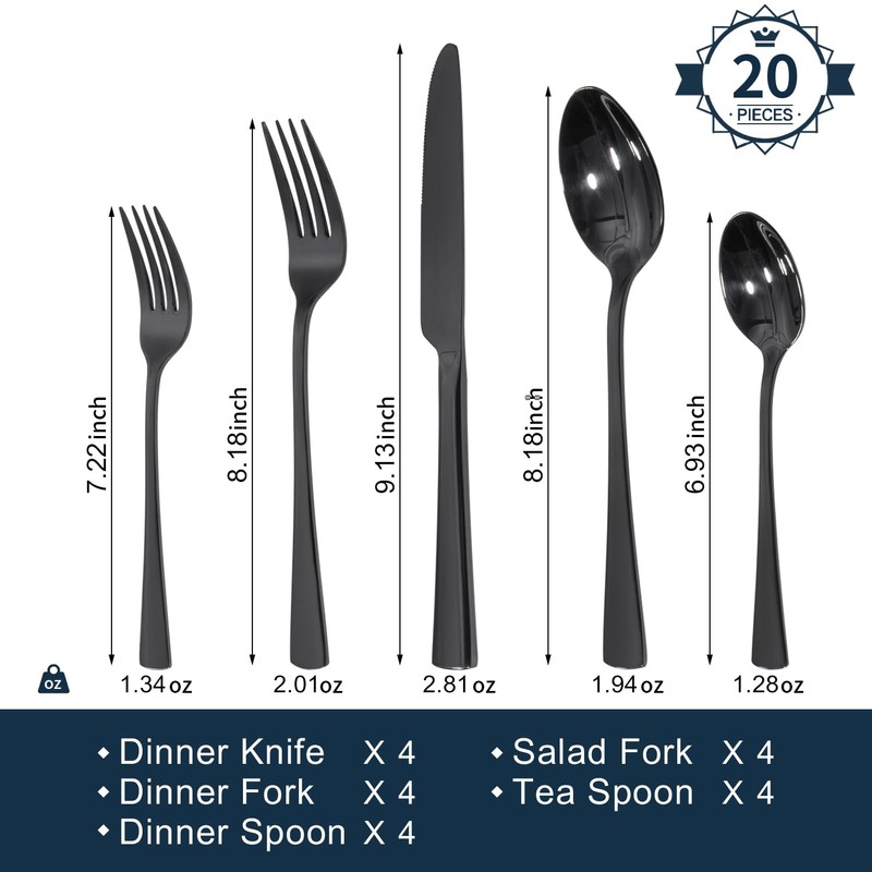 KINGSTONE 18/10 Stainless Steel Flatware, 20-Piece Forged Silverware Set for