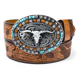 Western Cowboy Cowgirl Leather Belts, Women Men Turquoise Embossed Waist Belts with LongHorn Bull Buckles Fit 25-39inch
