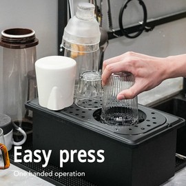 Focket Pitcher Rinser, Stainless Steel Kitchen Sink Glass Rinser with Drain and Drip Tray, Countertop Automatic Cup Washer for Bar, Home, Cafe, Restaurant, Household & Commercial (Black) (Large)