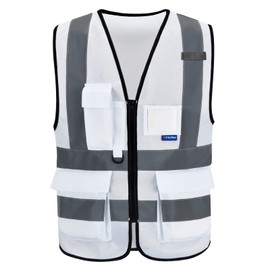 AYKRM 21 Colours Safety Vest Reflective Safety Vest with Reflective Strips with Zip and Pockets Work Vest, White