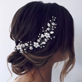 Easedaily Bride Wedding Hair Vine Silver Flower and Leaves Headband Pearl Headpieces Crystal Bridal Hair Accessories Rhinestone Bridesmaids Hair Piece for Women and Girls