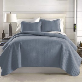 Southshore Fine Living, Inc. 3 Piece Quilt Set, Full Queen Size, Oversized, Lightweight, Embroidered, Square Stitched Bedspread Set, Easy Care, Slate Blue
