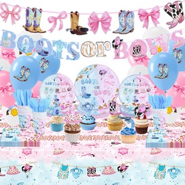Prdingfy Gender Reveal Decorations Kit for 24 Guests, He or She Baby Shower Party Supplies with Pink Blue Balloons, Plates, Cups, Napkins, Banner & Tablecloth, Neutral Teddy Bear Theme Decor