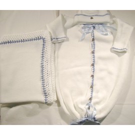 Knitted White Cotton Infant Boys Bunting Hat Set Matching Blanket