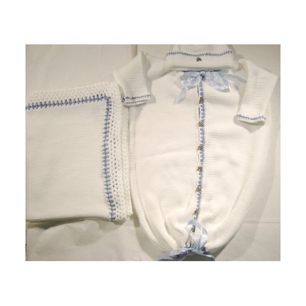 Knitted White Cotton Infant Boys Bunting Hat Set Matching Blanket