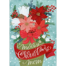 Pictura Red, White and Pink Flowers in Green Pot on Blue Background Christmas Card for Mom
