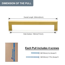 Goldenwarm Golden Furniture Handles in Stainless Steel, LSJ12GD, Square Tube Brushed Brass Door Handles for Cabinets, Drawers, Rails, Including Screws, 10 Pieces