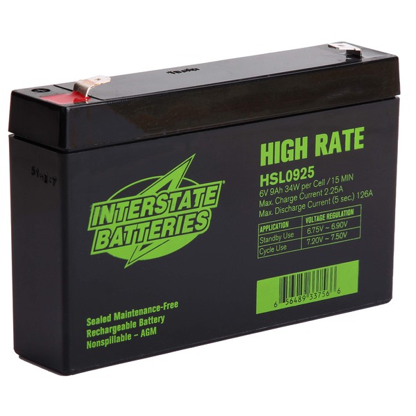 Interstate Batteries 6V 9Ah High Rate Battery (HSL0925) Rechargeable Sealed Lead Acid SLA AGM (F2 Terminal) UPS Backup Power, Cranking Systems, Lighting
