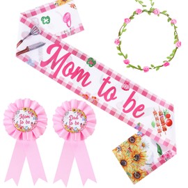 Serencatcher BBQ Baby Shower Decorations Girl, Pink Baby Q Mom to Be Maternity Sash Mom Dad to Be Tinplate Badge Button Pin Flower Crown Headband for Baby Q Gender Reveal Party Barbecue It’s a Baby Q