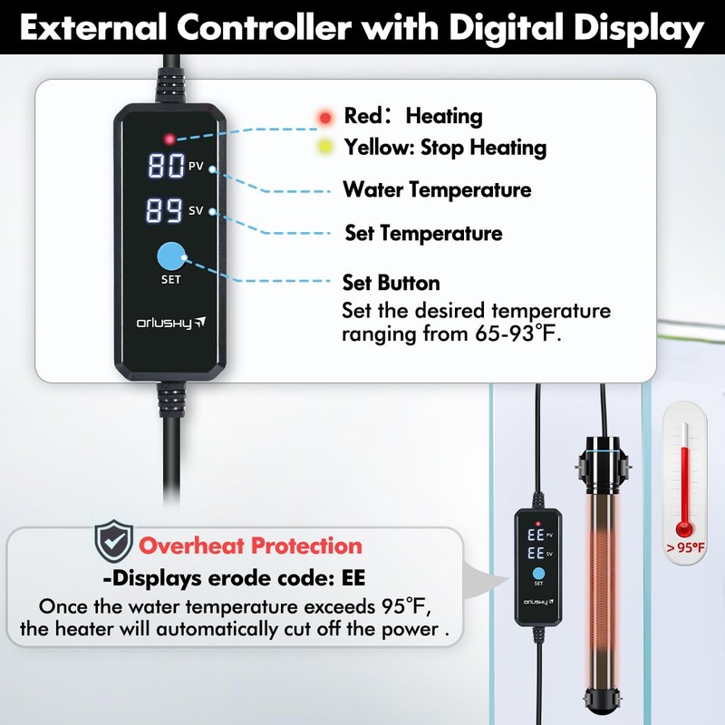Orlushy 100W Submersible Aquarium Heater, Adjustable Fish Tank Heater with