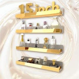 RORKIM 4 Pack 15 Inch Gold Reflective Acrylic Shelves, Gold Foating Shelves, Modern Sunglasses Essential Oil Picture Ledge Display Toy Storage Shelf