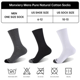 Mens 100% Cotton Moisture Wicking Cushioned Crew Socks, Athletic Performance Work socks