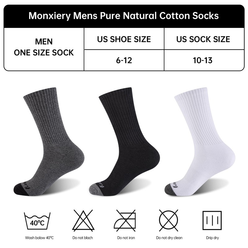 Mens 100% Cotton Moisture Wicking Cushioned Crew Socks, Athletic Performance