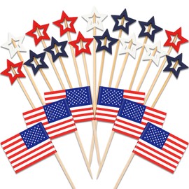 BOARDFEB 180Pcs 4th of July Red White Blue Cupcake Toppers, Patriotic Star Toothpicks American Flags Cocktail Sticks Fruit Skewers for Independence Day Party Drinks Patriotic Cupcake Decorations