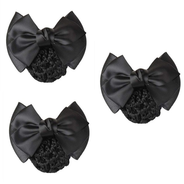 MOTZU 3 Pieces Bowknot Snood Net Barrette Hair Clip Bun Cover Hairnet Lace Bow Decor for Woman, Color Black