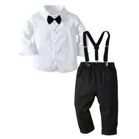 SALNIER Toddler Dress Suit Baby Boys Clothes Sets Bowtie Shirts + Suspenders Pants 3pcs Gentleman Outfits Suits 6 Month - 6 Years (White003,3T)