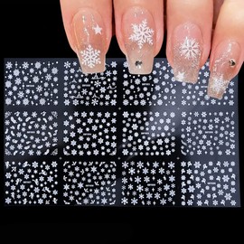 12 Sheets Snowflakes Nail Art Stickers Christmas Nail Decals 3D Self-Adhesive Snowflakes Nail Designs Nails Supplies for Women Girls Nails Tattoos Decorations（White）