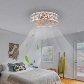 jarensen 20"Caged Ceiling Fans with Lights Remote Control Industrial Low Profile Flush Mount Ceiling Fan,Farmhouse Bladeless Small Ceiling Fan with Light 4 Bulbs 6 Speed Reversible for Kitchen,Bedroom