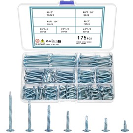 QOOSIKICC Pack of 175 Phillips Self Tapping Screws M4.2 Metal Self-Drilling Screws Carbon Steel Tek Tapping Screws Drilling Screws Set, Flat Head Phillips Screws