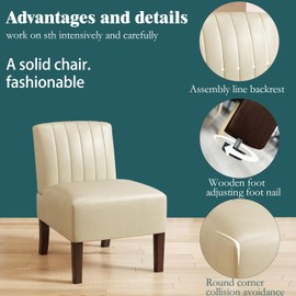 Armless Accent Chairs Upholstered Dining Chairs Living Room Chairs with Solid Wood Legs Leather Reading Chair for Adults Comfy Chair for Bedroom Vanity Kitchen (Ivory)