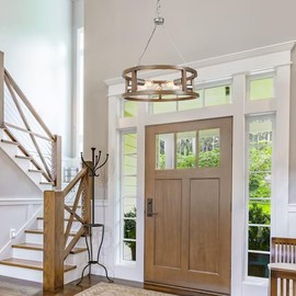 KSANA Farmhouse Chandelier, 5-Light Rustic Faux Wood Drum Dining Room Chandelier Over Table, 20.5'' Pendant Chandeliers Light Fixtures for Dining Room Living Room Bedroom Entryway