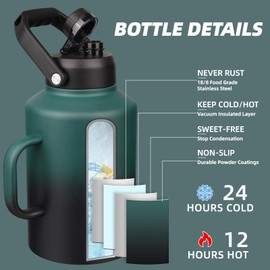 BJPKPK 1 Gallon Water Bottle with Handle, Large Dishwasher Safe 128oz Insulated Water Bottle, BPA Free Water Jug, Wide Mouth Metal Flasks with Anti-slip Bottom, Army Green & Black