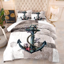 DYcolor 3D Nautical Anchor Printed Bedding Quilt, 3-Piece Retro Sea World Marine Anchor Comforter Set with 1 Comforter and 2 Pillow Cases for Kids, Girls, Teens, Adults (03, Queen)