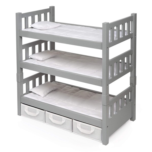 Badger Basket Toy 1-2-3 Convertible Doll Bunk Bed with Storage Baskets and Personalization Kit for 20 inch Dolls - Gray