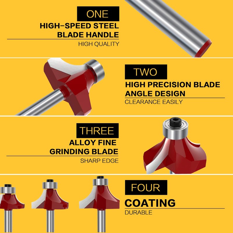 RKURCK 1/4" Shank 7-Piece Round-Over Router Bit Set - 1/8"
