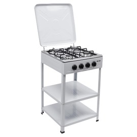 Natural Gas Stove with 4 Burners Portable Outdoor Stove Natural Gas Camping Grill Stove Floor Standing Gas Cooktop with 2 Storage Shelves and Wind Blocking Cover for Camping, Rv Travel (White)