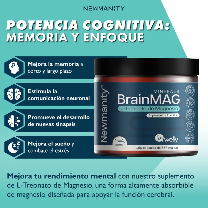 Brainmag L-treonato De Magnesio Newmanity 180 Caps Sin Sabor