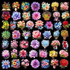 50Pcs Holographic Flower Stickers for Kids, Laser Transparent Waterproof Stickers, Self-Adhesive Labels for Scrapbooking, Water Bottles, Journals, Laptops, Wall Decoration (Flower)