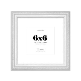 6x6 White Ornate Photo Frame With White Mat For 4x4 Picture, Ready to Hang or Stand, 1 Pack