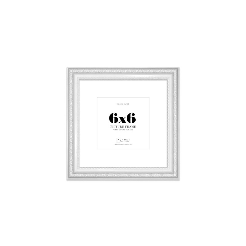 6x6 White Ornate Photo Frame With White Mat For 4x4