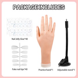Naughtology Silicon Practice Hand for Acrylic Nails, Realistic Fake Hand with Stand, 40 Nail Tips and 48 Adhesive Tabs, Reusable & Flexible Mannequin Training Model for Manicure & Nail Art Practice