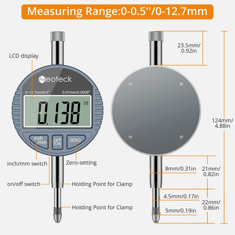 Neoteck Bore Gauge Set Digital Indicator Dial Bore Gauge (2-6"/0.0005")