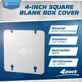 OHLECTRIC 4-Inch Square Box Cover Blank with 1/2” Knockout, Fire Rated | Ideal for Steel Junction and Device Box Covers for Wiring Connection Protection and Wiring Devices (4-Pack)
