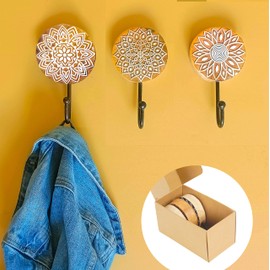 Mandala Life ART Boho Style Decorative Coat Hooks - 3 Pack - Natural Raw Mango Wood - Hand Carved Wooden Stamps with Metal Hooks for Coats, Towels, Keys, Clothes