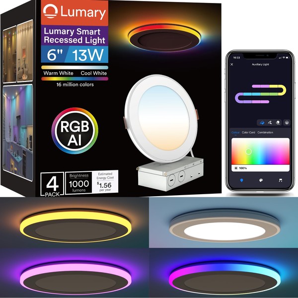Lumary RGBAI Smart Recessed Lighting 6 Inch with Gradient Accent Light and Night Light 13W 1000lm Wi-Fi Recessed Lights Ultra-Thin Can-Killer Downlight Work with Alexa/Google Assistant/Siri, 4PCS