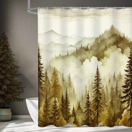 Litabel Yellow Misty Pine Forest Shower Curtain, Mountain Foggy Woodland Scenery Tree Shower Curtains for Chic Rustic Bathroom, Abstract Modern Waterproof Nature-Themed Decor, 72x72 Inches