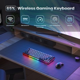 GEODMAER 65% Wireless Gaming Keyboard, Rechargeable, LED Backlit, Plug-and-Play, Ultra-Compact Anti-ghosting No-Conflict Keyboard for PC Laptop Windows (Grey-Black)