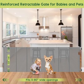 Reinforced 80 Inch Extra Wide Retractable Dog Gate to Prevent Crawling Through, Super Wide XL Retractable Baby Gates for Dog Indoor, Long Baby Gates Indoor Extra Long, Outdoor Mesh Pet Gate, Gray