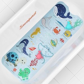 Baby Bath Mat, Cartoon Kids Bathtub Mat Non Slip for Toddler Bath Shower Anti Slip, 40In X 16In with Drain Holes and Suction Cups Machine Washable, Blue Sea Animals