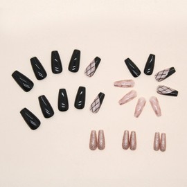 JUSTOTRY Pack of 24 Coffin Nails for Sticking Motif, Black Press On Nails Long, Glossy French Coffin Artificial Nails, Gold Swirl Ballerina Fingernails Fake Nails Long for Women Nails Art