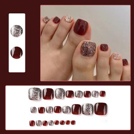 Boloshine 24Pcs French False Toenails Tips, Glitter Full Cover Press on Toenails Acrylic Toe Nail Tips, Natural Artificial Fake Toe Nails for Women and Girls Daily Decorations - Resplendent Night Sky