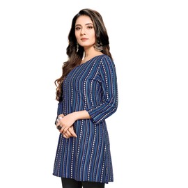 Shiv Textiles Kurti - Vestido corto de tela de rayón con cuello redondo, estampado de tela de rayón para mujer, Azul marino, S