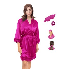 Y WJing Yi Jia Womens Kimono Robes Dressing Gown Bridal Robe Silk Robes Satin Bathrobe Nightdress Short Style Morning Robes Lace Trim Robes Size: Plus Size